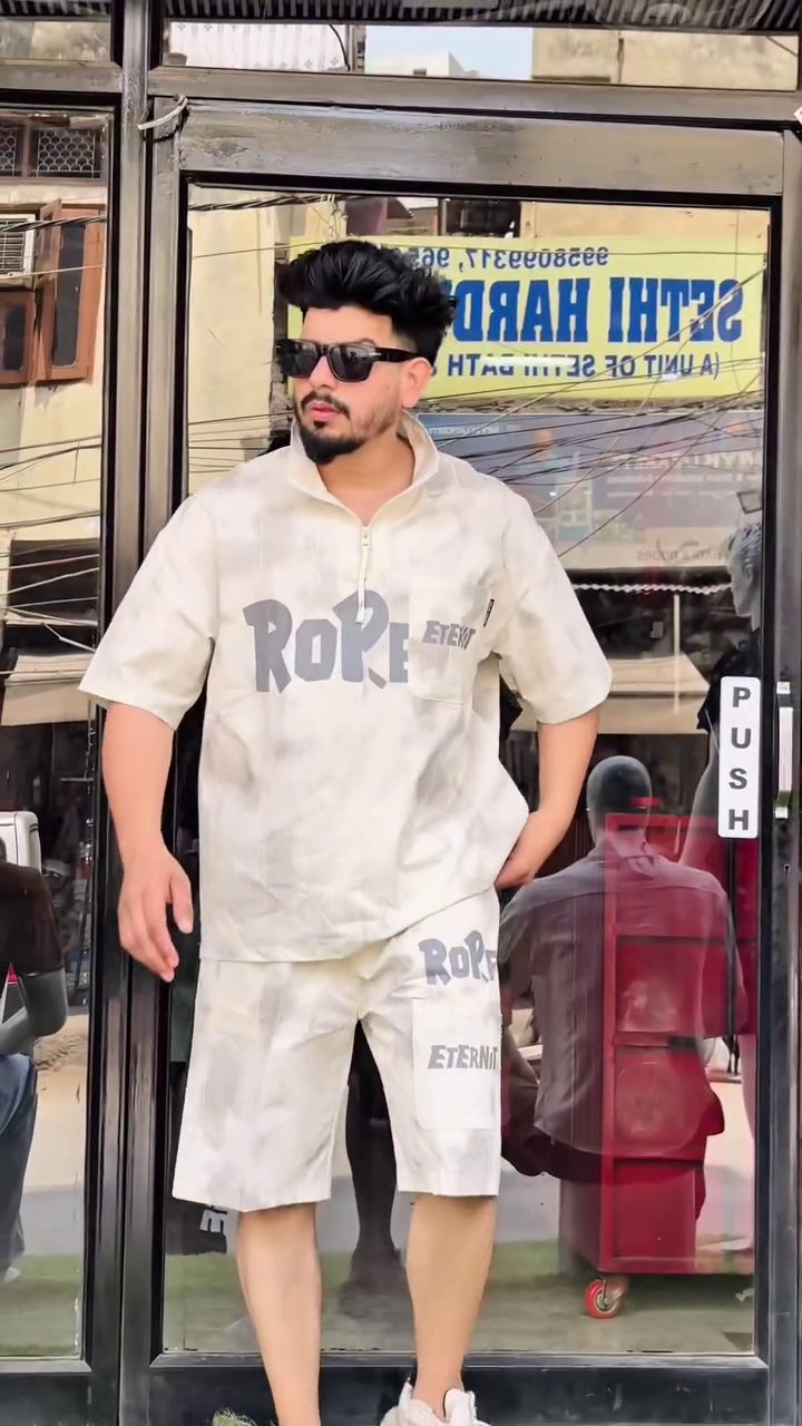 Men’s Casual Co-Ord Set – Printed Half-Sleeve Zip Shirt & Shorts | Trendy Streetwear Look