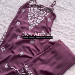 Trendy Mauve Chikankari Co-Ord Set – Strappy Noodle Strap Kurti with Matching Pants (8 Colors)