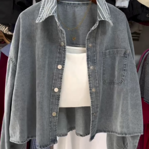 Dual-Layer Cropped Denim Jacket with Striped Collar – Layered Casual Look (2 Colors)