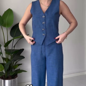 Sleeveless Blue Linen Co-Ord Set with Stylish Bow Buttons – Available in 6 Colors