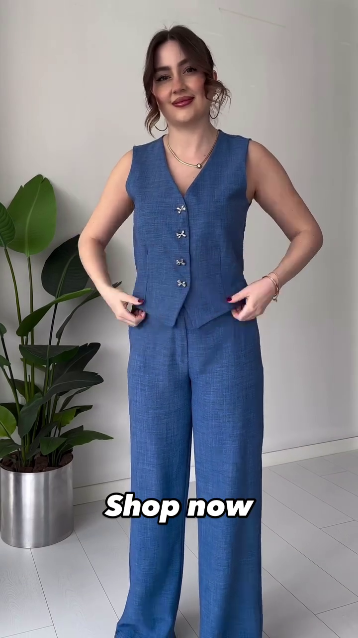 Sleeveless Blue Linen Co-Ord Set with Stylish Bow Buttons – Available in 6 Colors