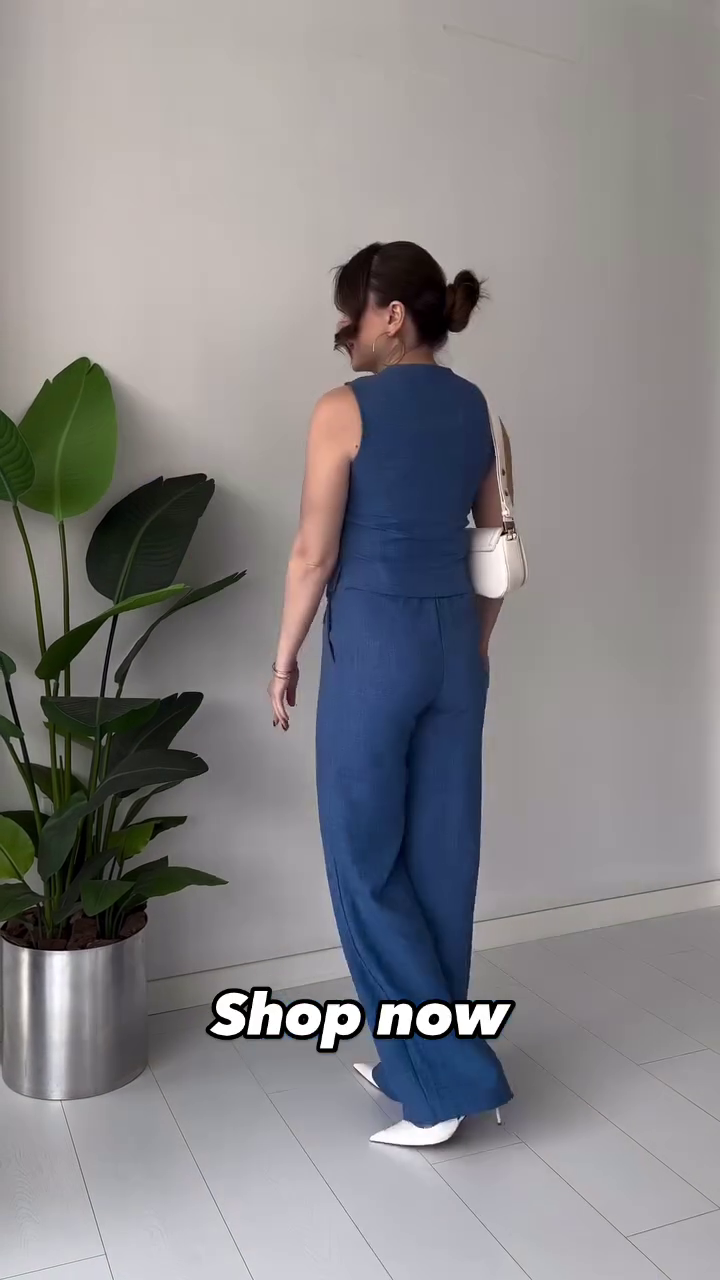 Sleeveless Blue Linen Co-Ord Set with Stylish Bow Buttons – Available in 6 Colors - Image 2