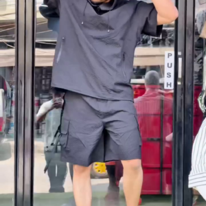 Men’s Black Hooded Short-Sleeve Co-Ord Set with Cargo Shorts – Urban Streetwear Vibe