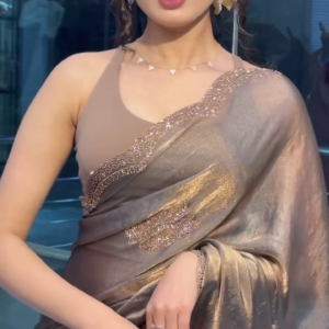 Elegant Metallic Taupe Silk Saree with Embellished Border – Luxury Indian Ethnic Wear