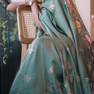 Pastel Green Satin Silk Saree with Hand-Painted Floral Print – Ethereal Daywear for Modern Women