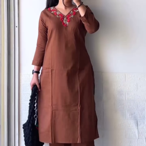 Elegant Brown Cotton Kurta Set with Floral Neck Embroidery – Stylish & Comfortable Everyday Ethnic Wear