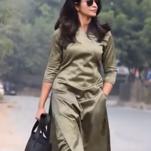 Olive Green Satin Kurta Set with Pants – Effortless Chic for Work or Casual Outings