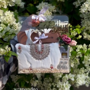 Elegant Birthday Gift Hamper for Her – White Embroidered Dress, Earrings & Wrapped Accessories in Acrylic Box