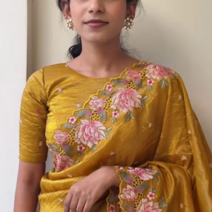 Elegant Mustard Yellow Silk Saree with Floral Embroidery – Traditional Indian Saree for Weddings & Festive Wear