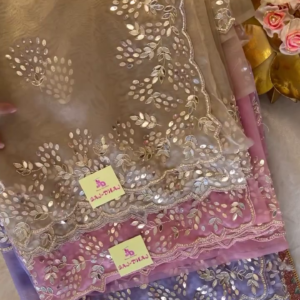 Elegant Mirror Work Net Dupatta – Soft Gold, Dusty Pink & Lavender Shades for Ethnic Wear
