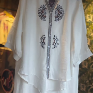 Chic White Co-Ord Set with Mirror Embroidery – Stylish Casual Ethnic Wear for Women