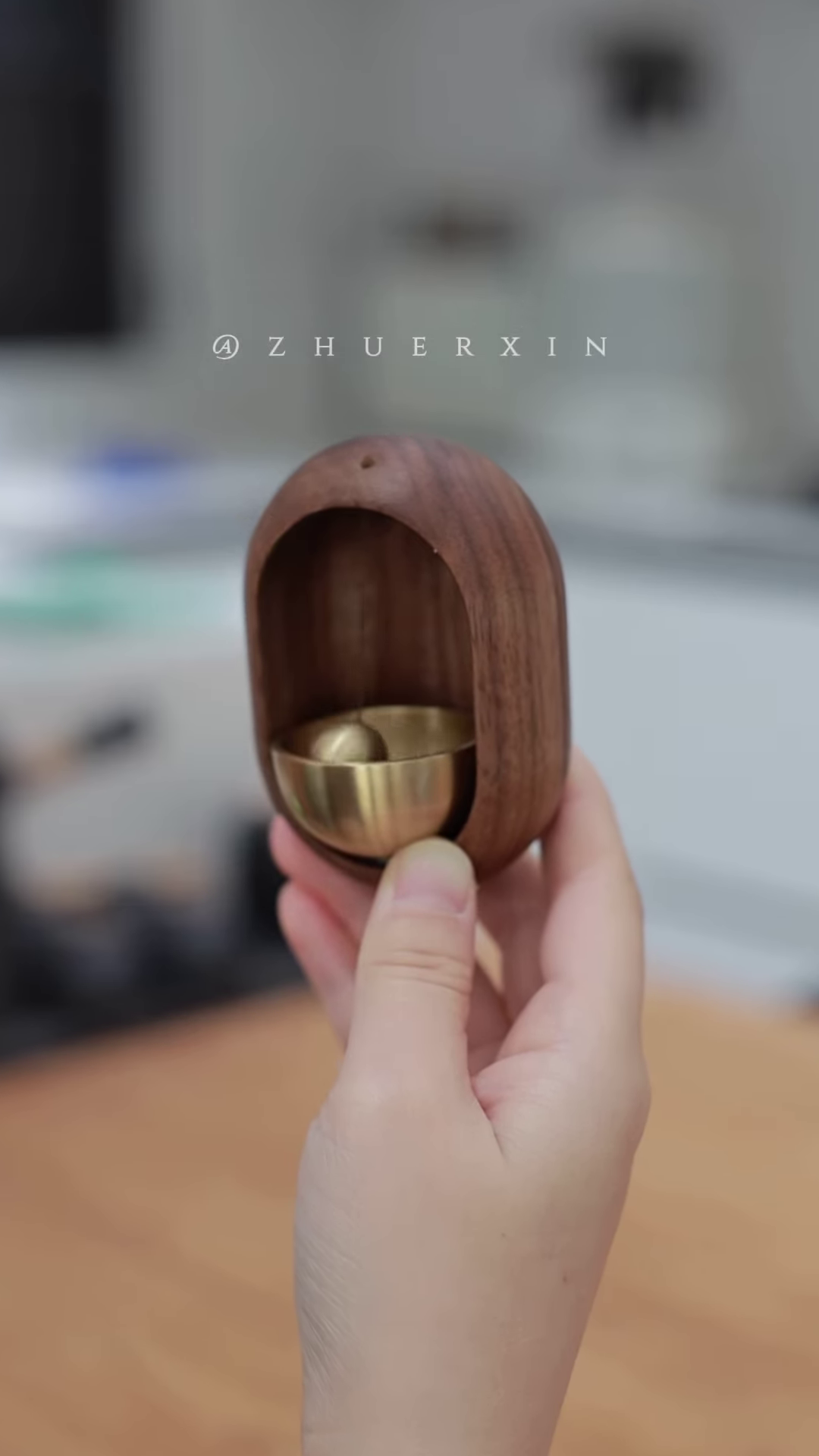"Handcrafted Walnut Meditation Bell - Minimalist Wooden Chime with Brass Striker for Mindfulness Practice"