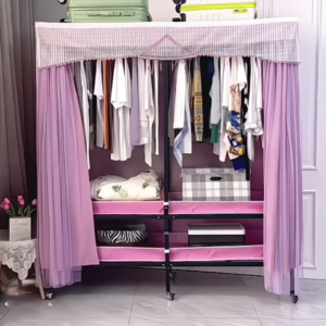 "Portable Fabric Wardrobe Organizer - Lightweight Rolling Clothes Storage with Lavender Curtains"
