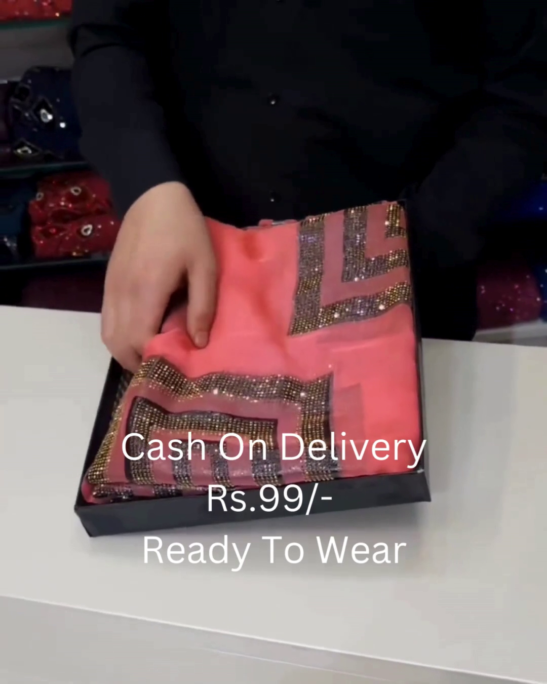 Coral Sunset Shimmer Saree with Crystal Geometric Borders