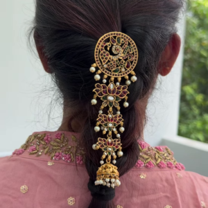 Traditional Bridal Jada Billa Hair Accessory with Peacock Motif and Pearl Drops