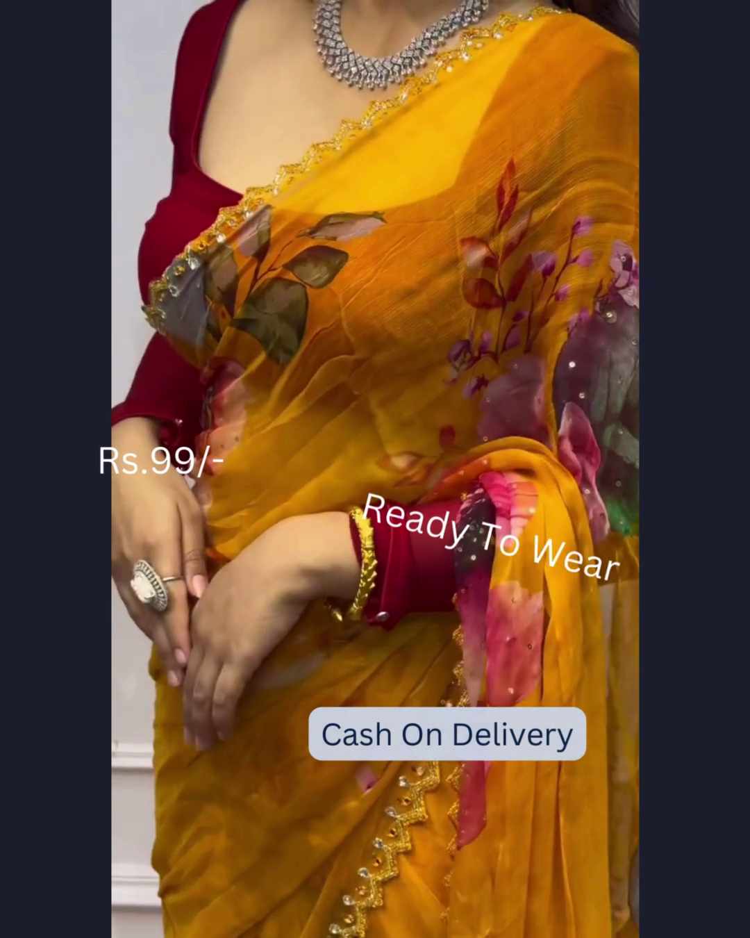 Golden Ochre Floral Saree with Scalloped Zari Trim - Image 2