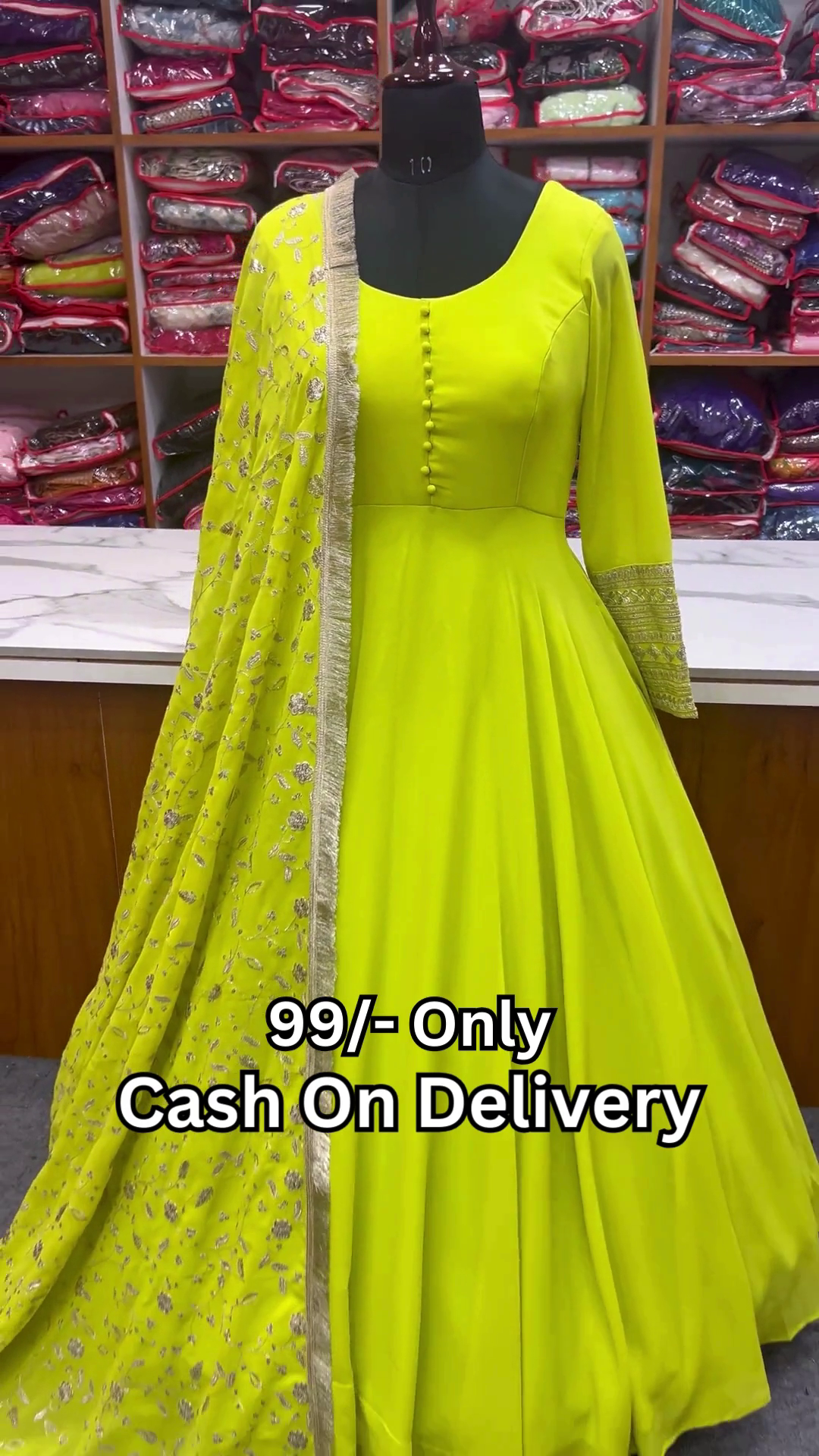 Neon Citron Floor-Length Anarkali Gown