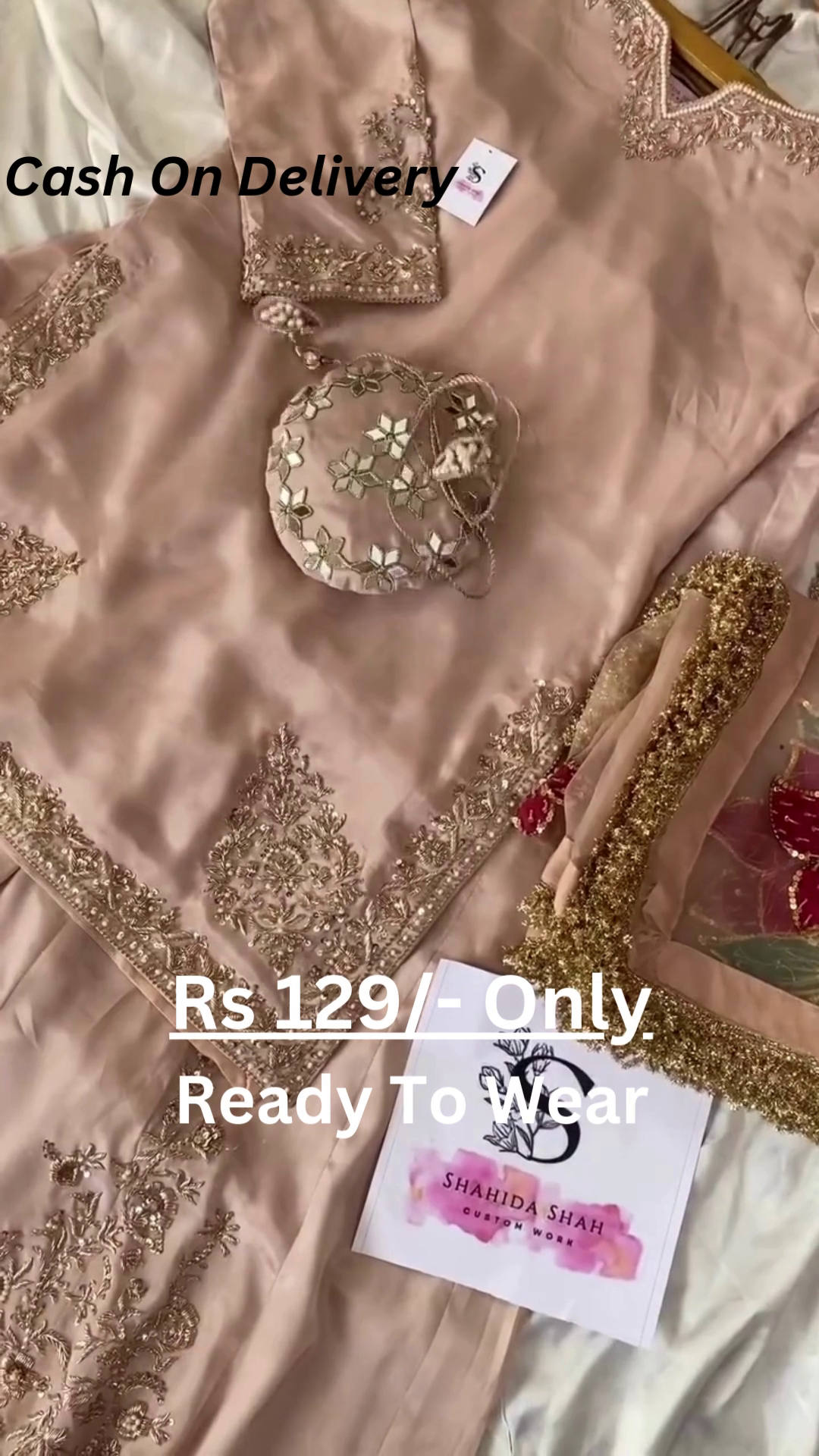 Rose Gold Splendor: Embroidered Silk Suit with Potli Bag - Image 2