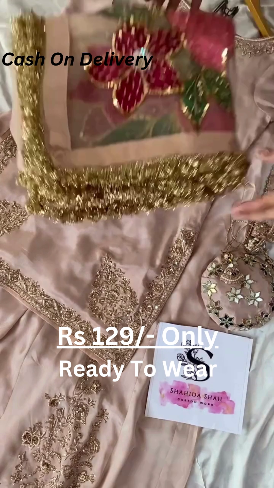 Rose Gold Splendor: Embroidered Silk Suit with Potli Bag