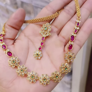 Exquisite Gold-Plated Necklace Set with Polki, Ruby, and Emerald Accents - Traditional Indian Jewelry