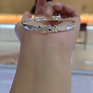Elegant 925 Sterling Silver Bangle Bracelet with Delicate Flower Accents
