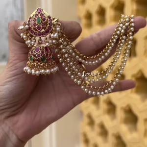 Traditional Gold-Plated Jhumka Earrings with Kemp Stones and Multi-Strand Pearl Earchain