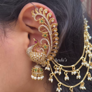 Elaborate Gold-Plated Peacock Ear Cuff Jhumka with Kundan and Pearl Chains - Statement Indian Ear Jewelry