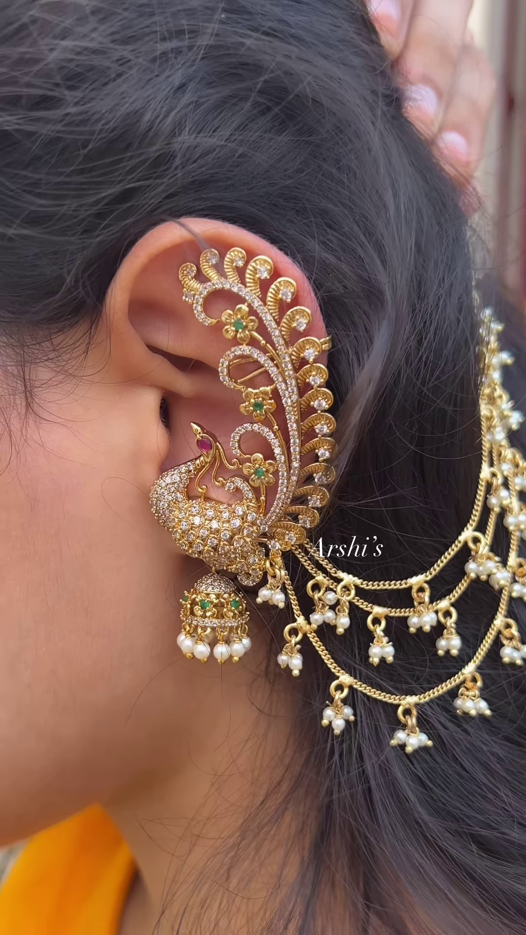Elaborate Gold-Plated Peacock Ear Cuff Jhumka with Kundan and Pearl Chains - Statement Indian Ear Jewelry