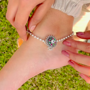 Bohemian Style Silver-Toned Anklet with Intricate Mandala and Colorful Accents