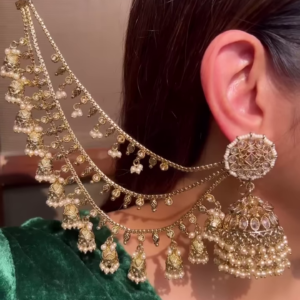 Ornate Gold-Toned Jhumka Earrings with Kundan and Multi-Chain Pearl Earchain