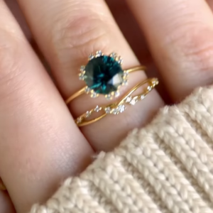 Elegant Gold-Plated Ring Set with Oval Teal Gemstone and Pave Band