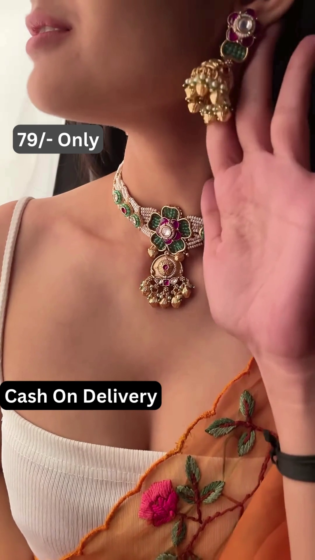 Elegant Floral Kundan Necklace and Jhumka Earrings Set with Pearl Accents - Image 2