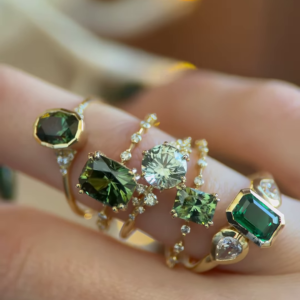 Elegant Stackable Gold Rings with Green Tourmaline, White Sapphire, and Diamond Accents