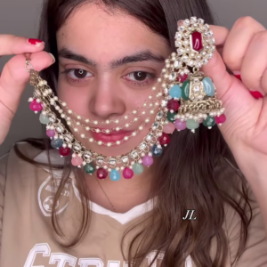 Elegant Gold-Toned Jhumka Earrings with Kundan, Colorful Beads, and Multi-Chain Pearl Earchain