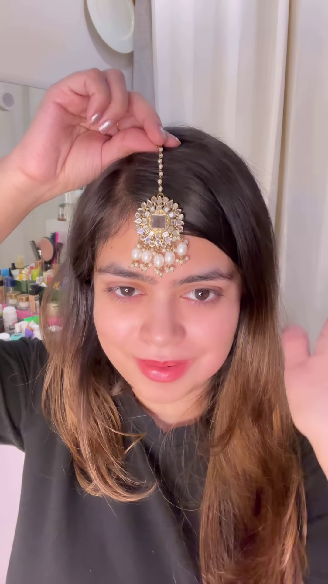 Elegant Gold-Toned Jhumka Earrings with Kundan and Multi-Strand Pearl Earchain - Image 2