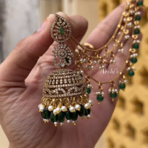 Sparkling AD Stone Jhumka Earrings with Green Beads and Pearl Chain Earchain