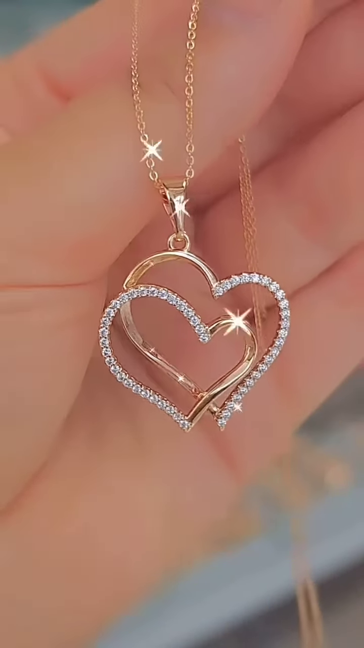 Elegant Rose Gold-Toned Double Heart Necklace with Sparkling Accents