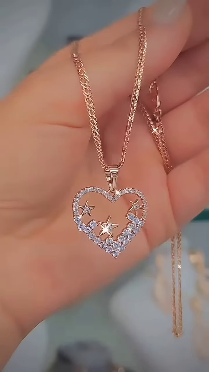 Elegant Rose Gold-Toned Double Heart Necklace with Sparkling Accents - Image 6