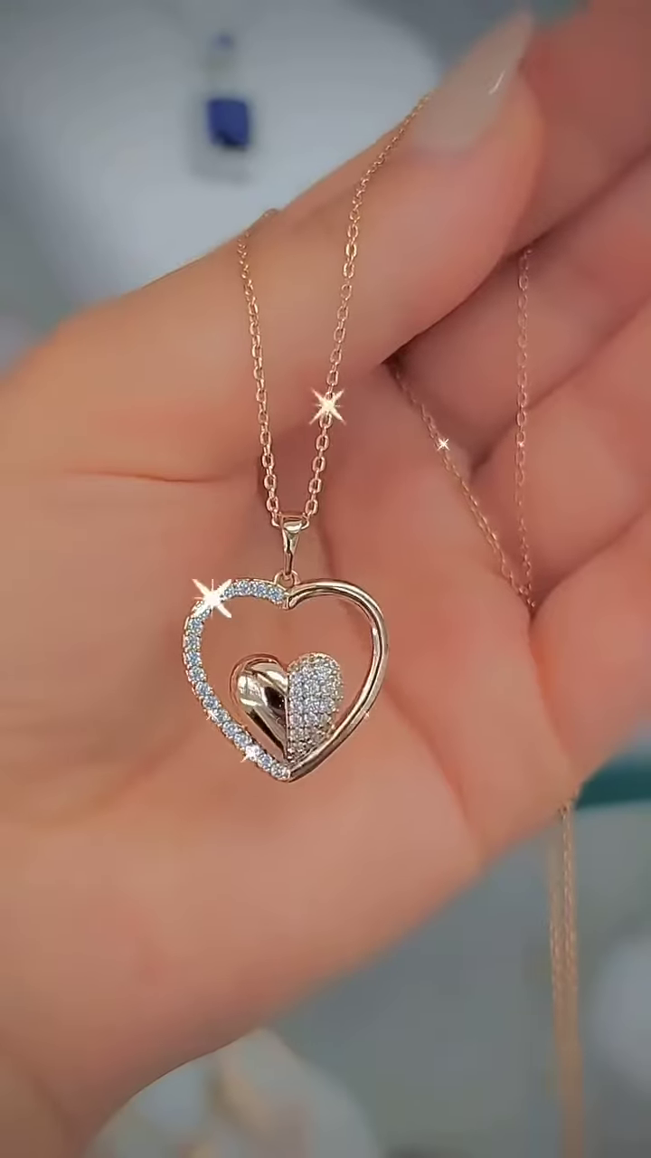 Elegant Rose Gold-Toned Double Heart Necklace with Sparkling Accents - Image 4