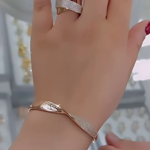 Elegant Rose Gold-Toned Ring and Bangle Set with Pave Crystal Accents