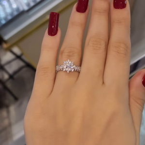 Dazzling Floral Halo Engagement Ring with Pave Band