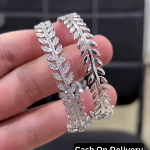 Elegant Silver-Toned Leaf Design Bangle Set with Sparkling CZ Accents