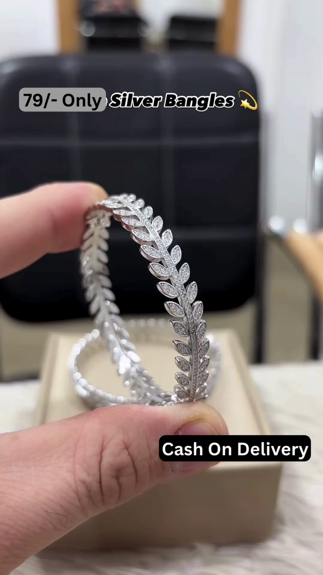 Elegant Silver-Toned Leaf Design Bangle Set with Sparkling CZ Accents - Image 3