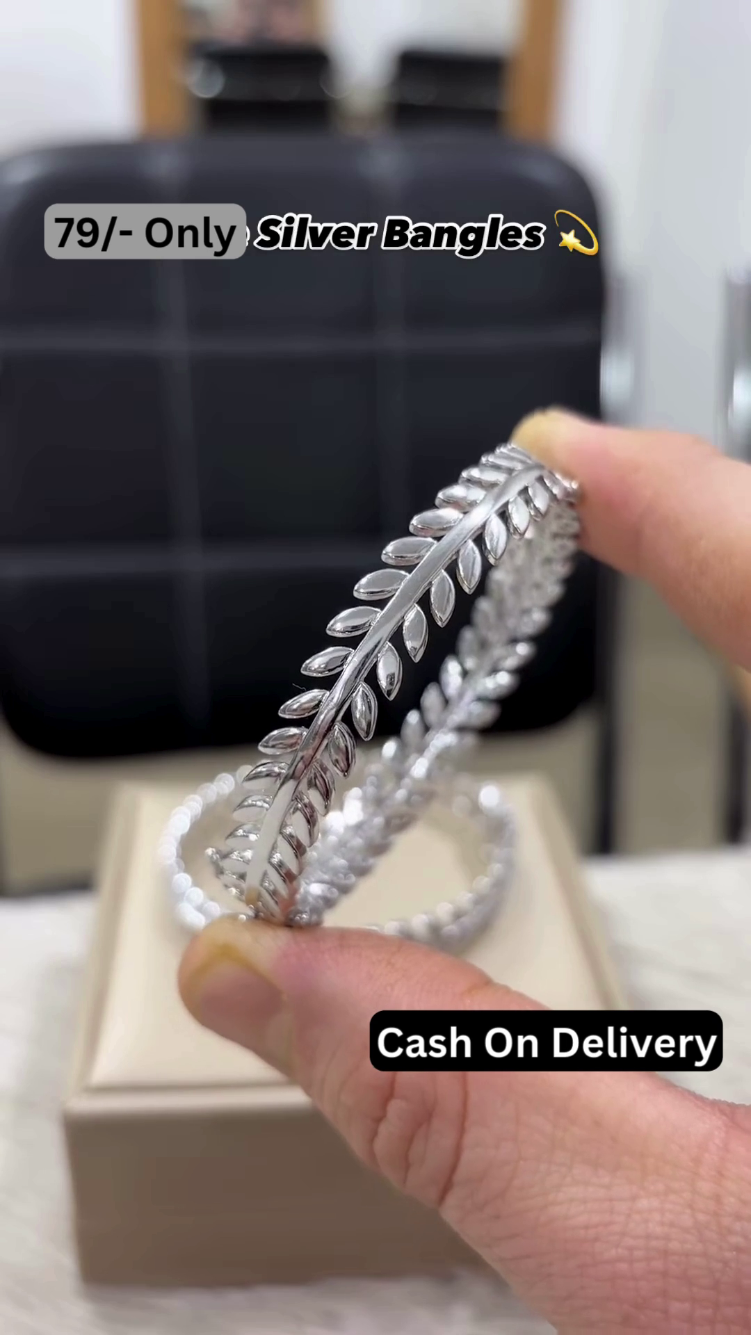 Elegant Silver-Toned Leaf Design Bangle Set with Sparkling CZ Accents - Image 2