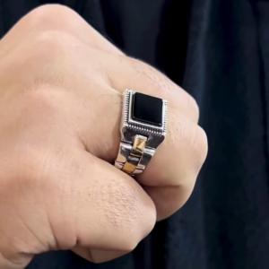 Handmade Sterling Silver Men's Ring with Black Onyx and Gold Accents