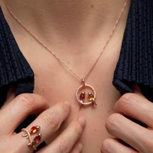 Whimsical Rose Gold-Toned Necklace and Ring Set with Bird Charms and Gemstone Accents