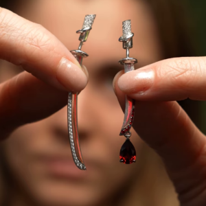 Modern Silver-Toned Linear Drop Earrings with Red Gemstone and Crystal Accents