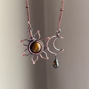 Artisan Copper Sun and Moon Necklace with Gemstone Accents - Celestial Jewelry
