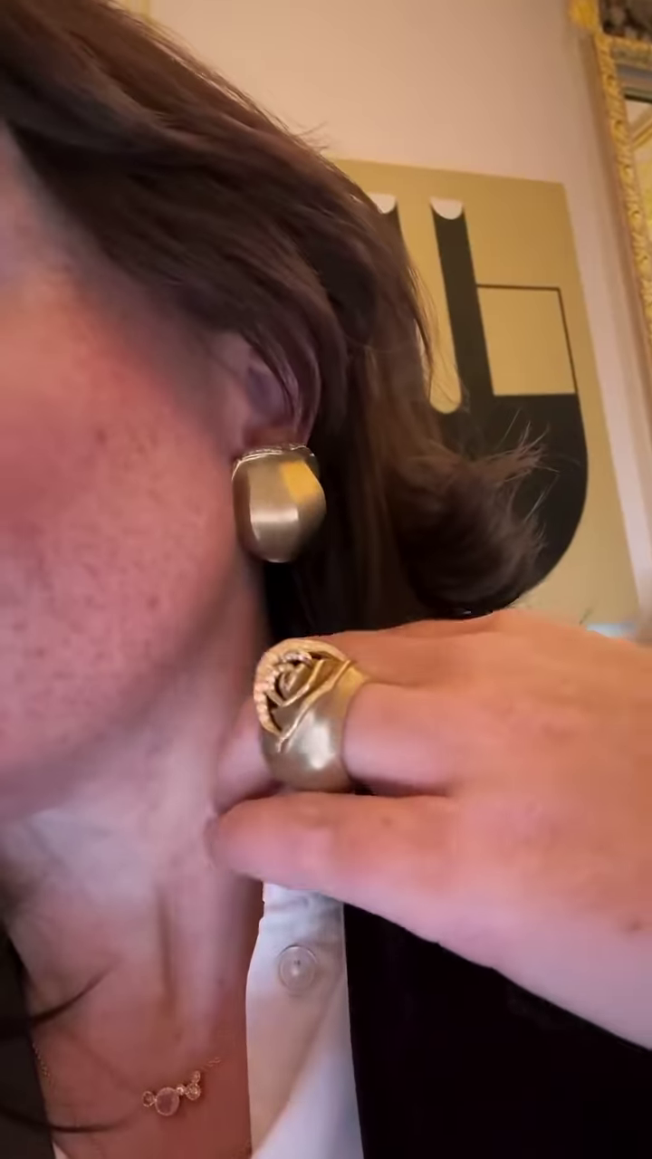 Bold Gold-Toned Sculptural Jewelry Set: Abstract Pendant Necklace and Statement Ring with Crystal Accents - Image 3