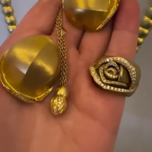 Bold Gold-Toned Sculptural Jewelry Set: Abstract Pendant Necklace and Statement Ring with Crystal Accents